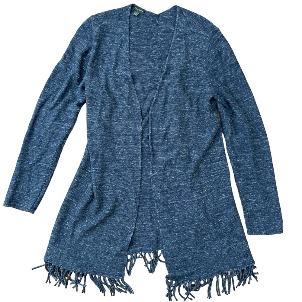 TALBOTS Dark Blue Open Front Long Cardigan Sweater Medium Fringed Hem Long Line - Picture 1 of 4